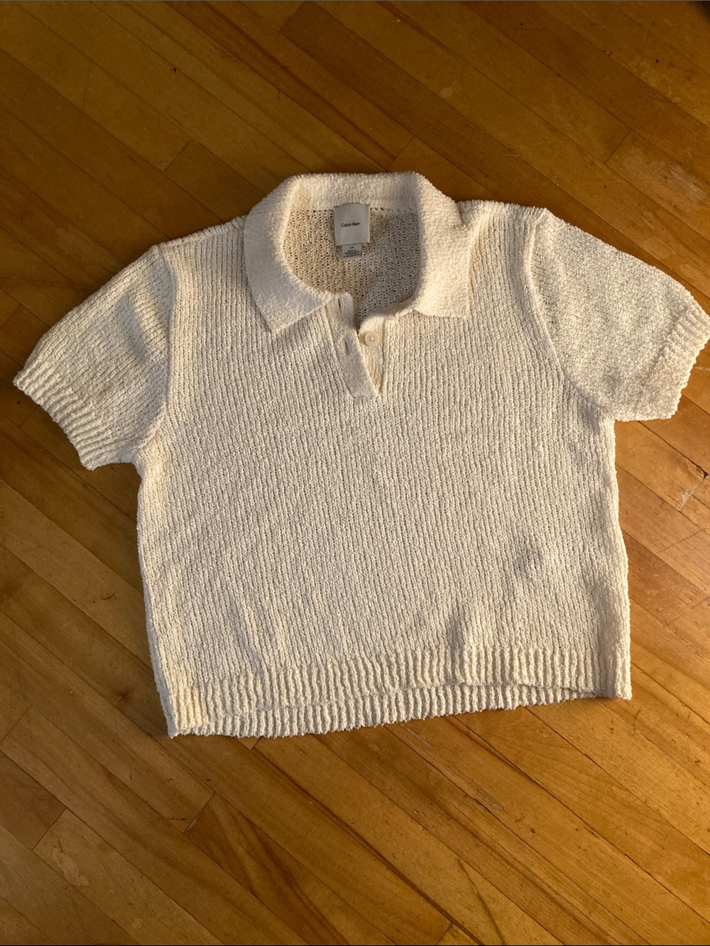 Calvin Klein Cream Short-Sleeve V-Neck Polo Sweater